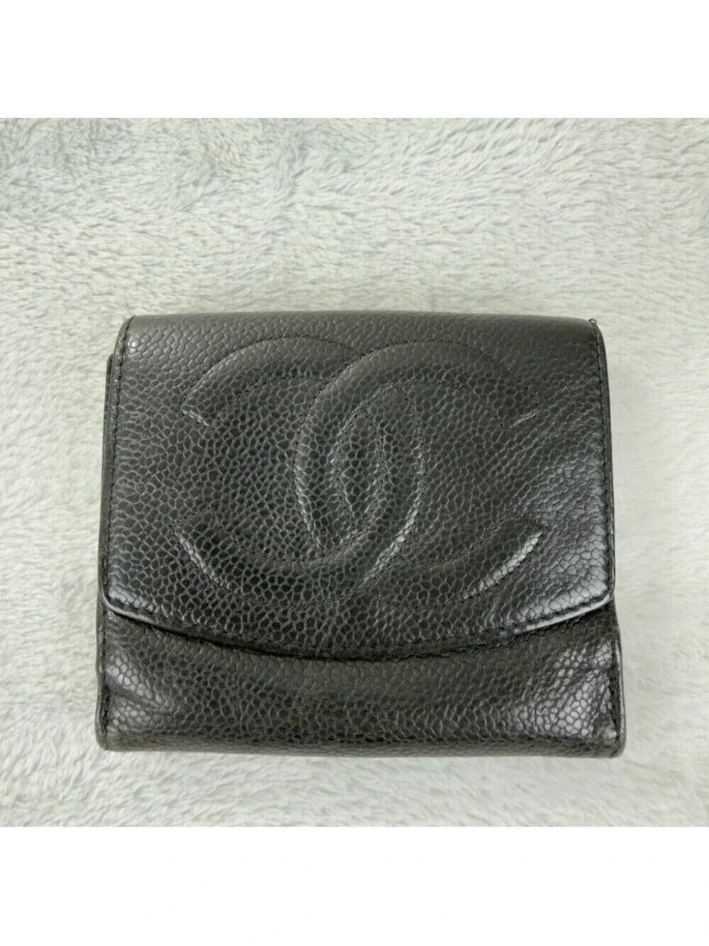 Chanel CC Logo Grained Calfskin Leather Bifold Black Wallet Embroidered